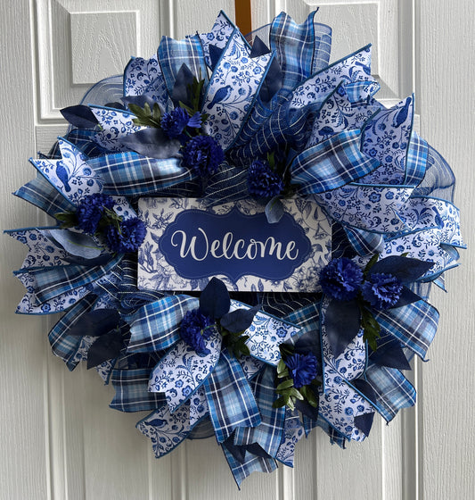 Blue and White Country Welcome Wreath